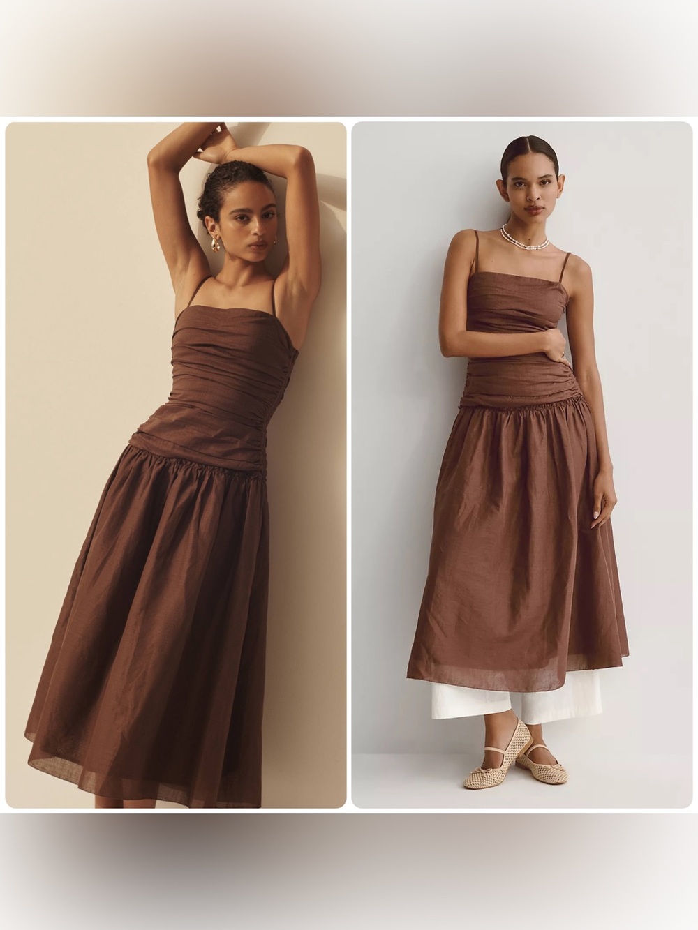 New! La Maise x Anthropologie Studio Gathered Drop Waist Dress Chocolate Brown🤎S